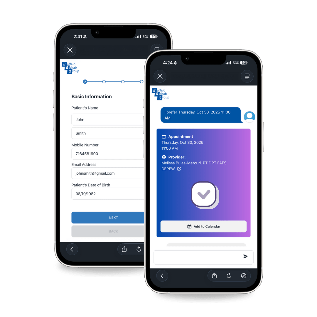 A physical therapist smiles as she converses with her patient.