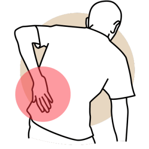 A stick person leans forward with their hand on their back.