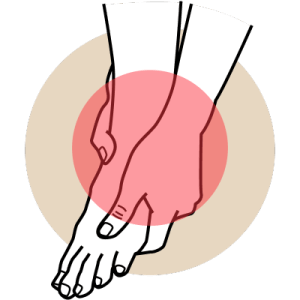 A stick person grabs their foot in their hands