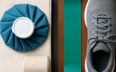 Overhead flat lay showing injury recovery items and exercise gear. Left side features an ice pack, compression wrap, and towel; right side shows a resistance band and athletic shoe.