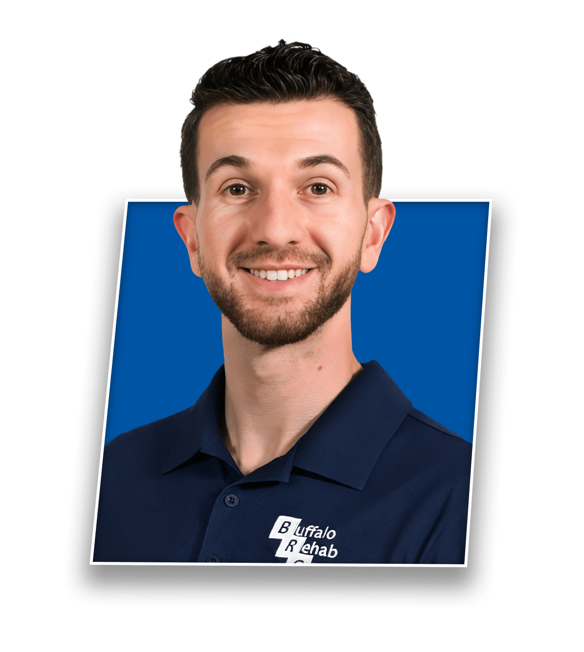 Headshot of Matt Taylor, PT DPT, smiling in a blue Buffalo Rehab Group shirt.