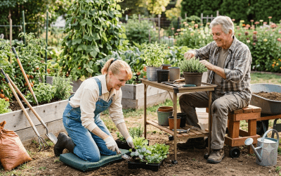 An older blonde woman in denim overalls uses a kneeling pad while planting seedlings, alongside an older man sitting on a wooden bench potting plants at an ergonomic garden table, demonstrating pain-free gardening techniques.