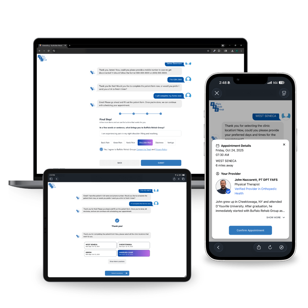 A physical therapist smiles as she converses with her patient.