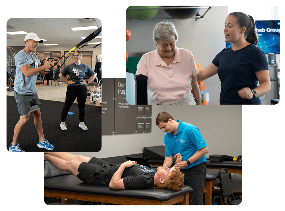 Jake Woodrich, PT DPT CSCS, Laura Rowand, PTA, and Serena Jung, PTA treating their patients at their clinics.