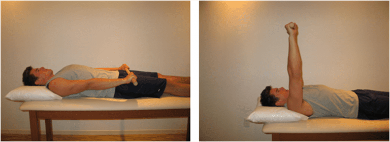 Two frames of a man lying on a table and lifting a pole overhead.