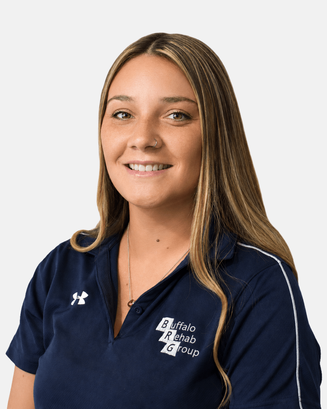 Headshot of Brooke Brzezicki, PTA, smiling in a blue Buffalo Rehab Group polo shirt.