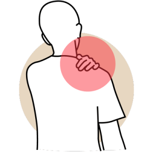 A stick person holds their shoulder.